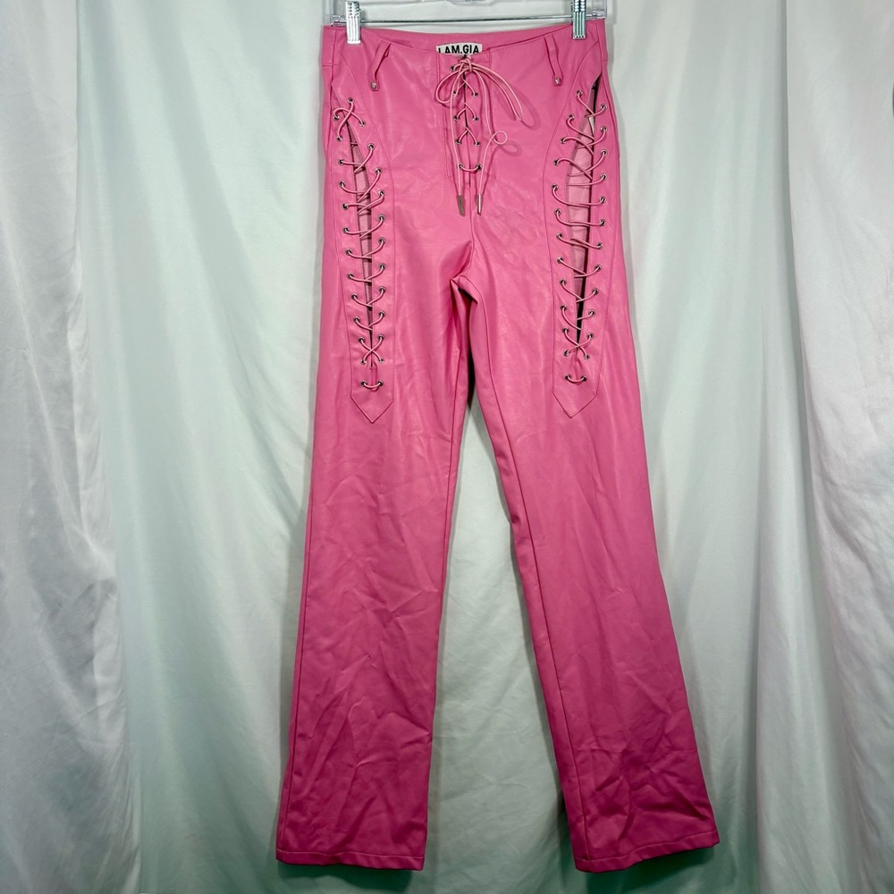 I.AM.GIA Hot Pink Lace-Up Faux Leather Flare Pants